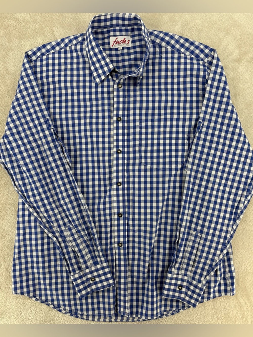 Fuchs Trachtenmode Men's Button Down Shirt XL Blue Gingham Check